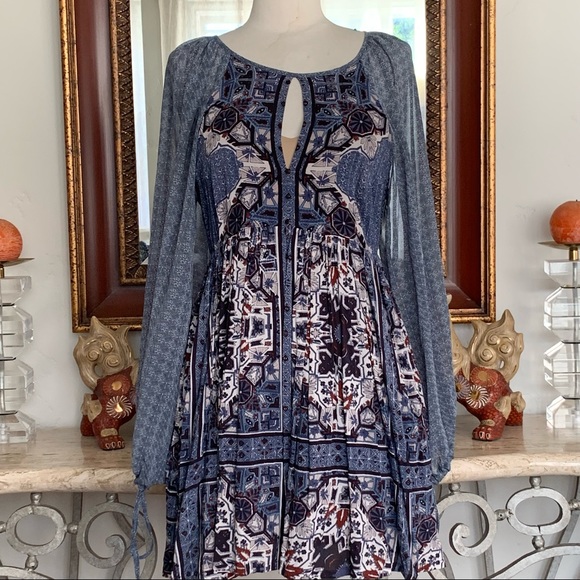 FREE PEOPLE Print Dress Boho Sheer Long Sleeves - Picture 1 of 12